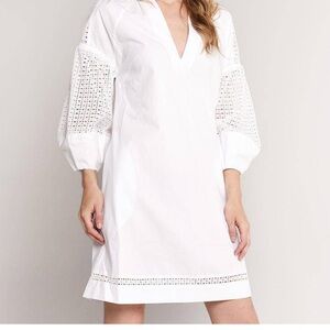 Brochu Walker Koren V Neck Dress Puff Lace Eyelet Sleeves in White SZ M